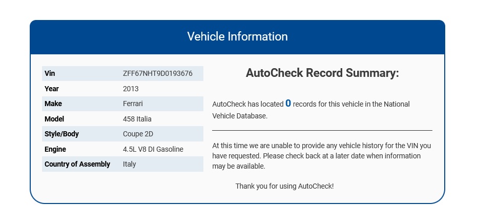 Autocheck VIN Valid No Report